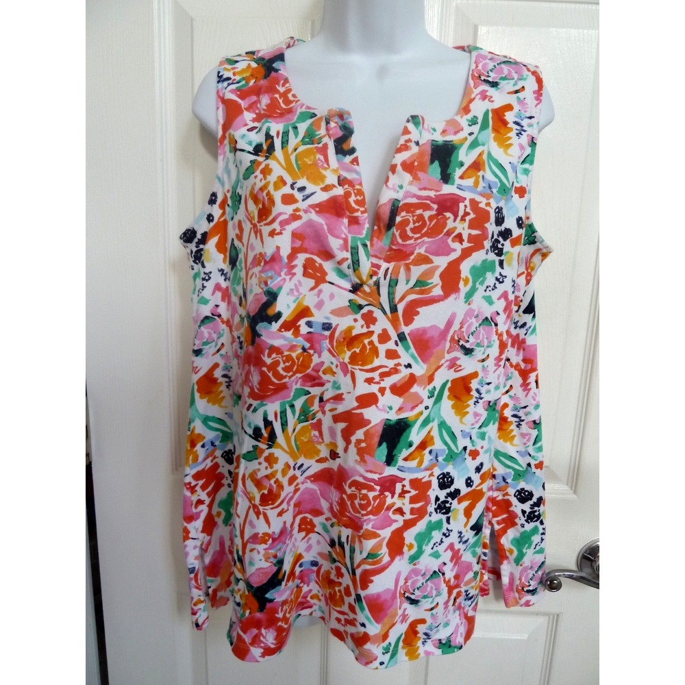 Chico's Size 2 Large Pima Cotton Sleeveless Top V-Neck Abstract Multicolor